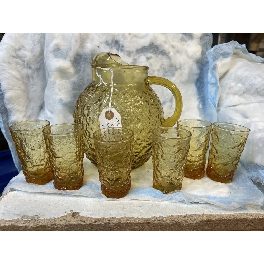 Vintage Mid-Century Amber Glass Pitcher & Tumbler 7 Pc Set Vintage